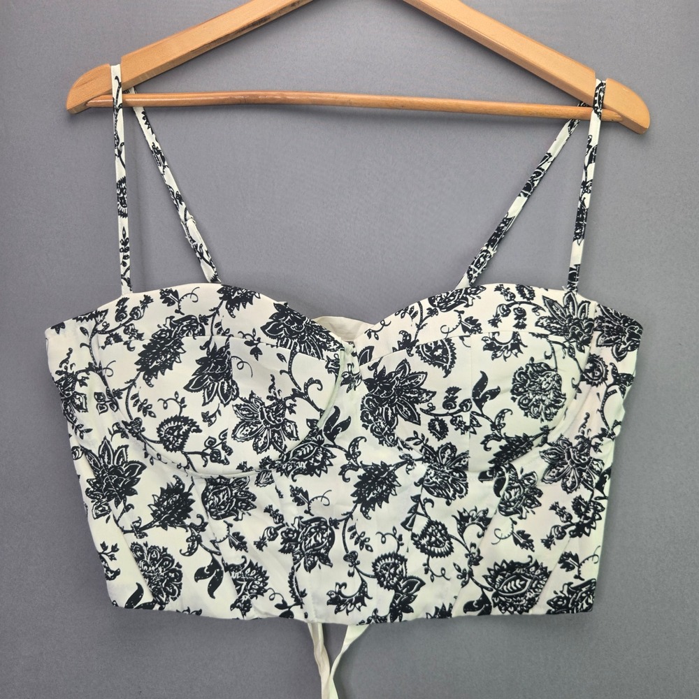 SHEIN Floral Corset Crop Top Lace Up Back Bustier L 8/10 Black White Sweetheart